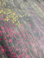 5x8 Hand Knotted Modern Abstract Area Rug | Bright Yellow, purple & Magenta wines on gray background Distressed Wool Carpet