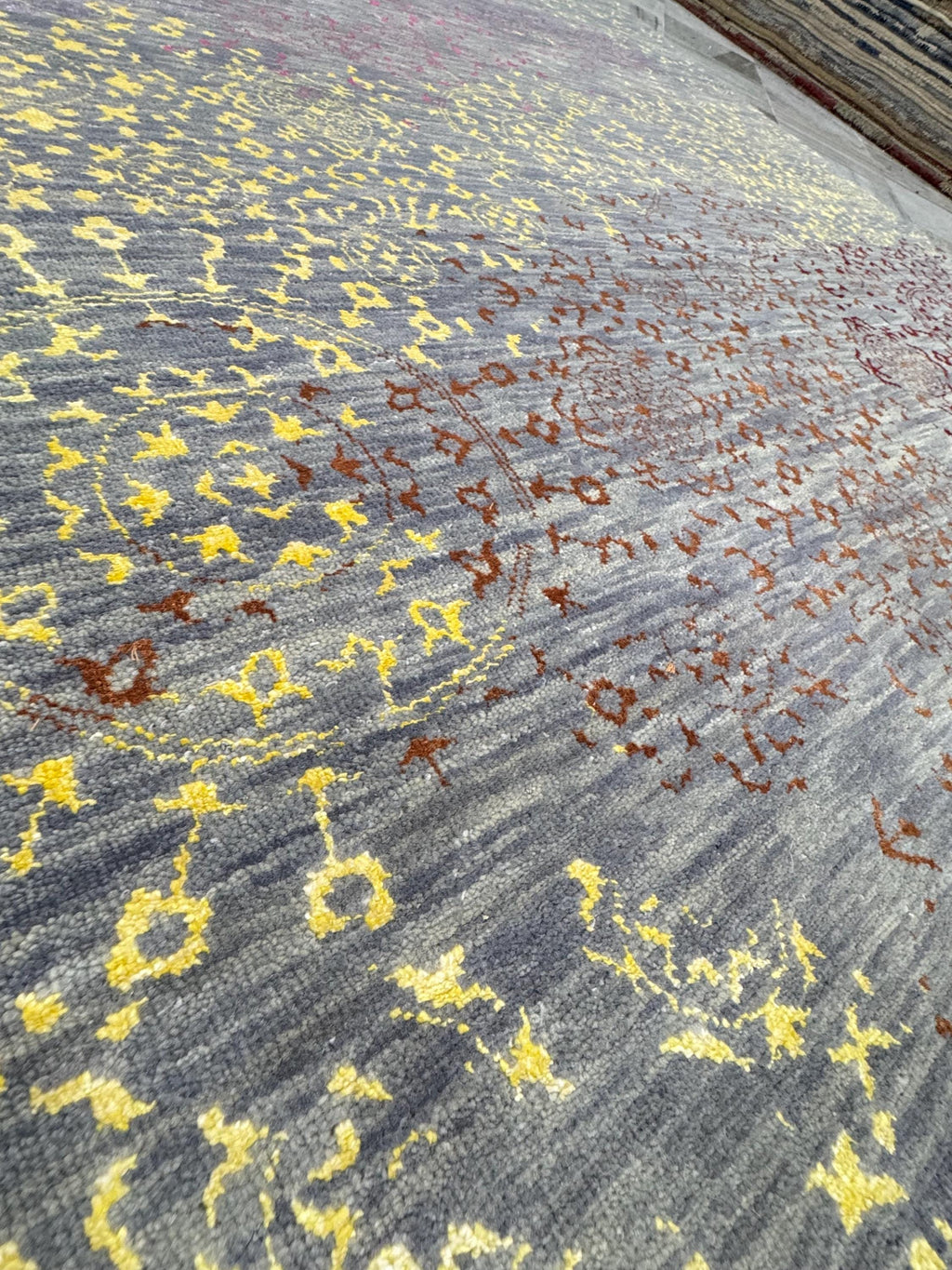 5x8 Hand Knotted Modern Abstract Area Rug | Bright Yellow, purple & Magenta wines on gray background Distressed Wool Carpet