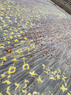 5x8 Hand Knotted Modern Abstract Area Rug | Bright Yellow, purple & Magenta wines on gray background Distressed Wool Carpet