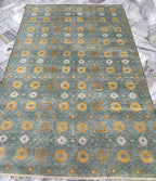 Hand Knotted 6x9 Transitional Area Rug | Sage Green, Mustard Gold, & Ivory Floral Wool Carpet