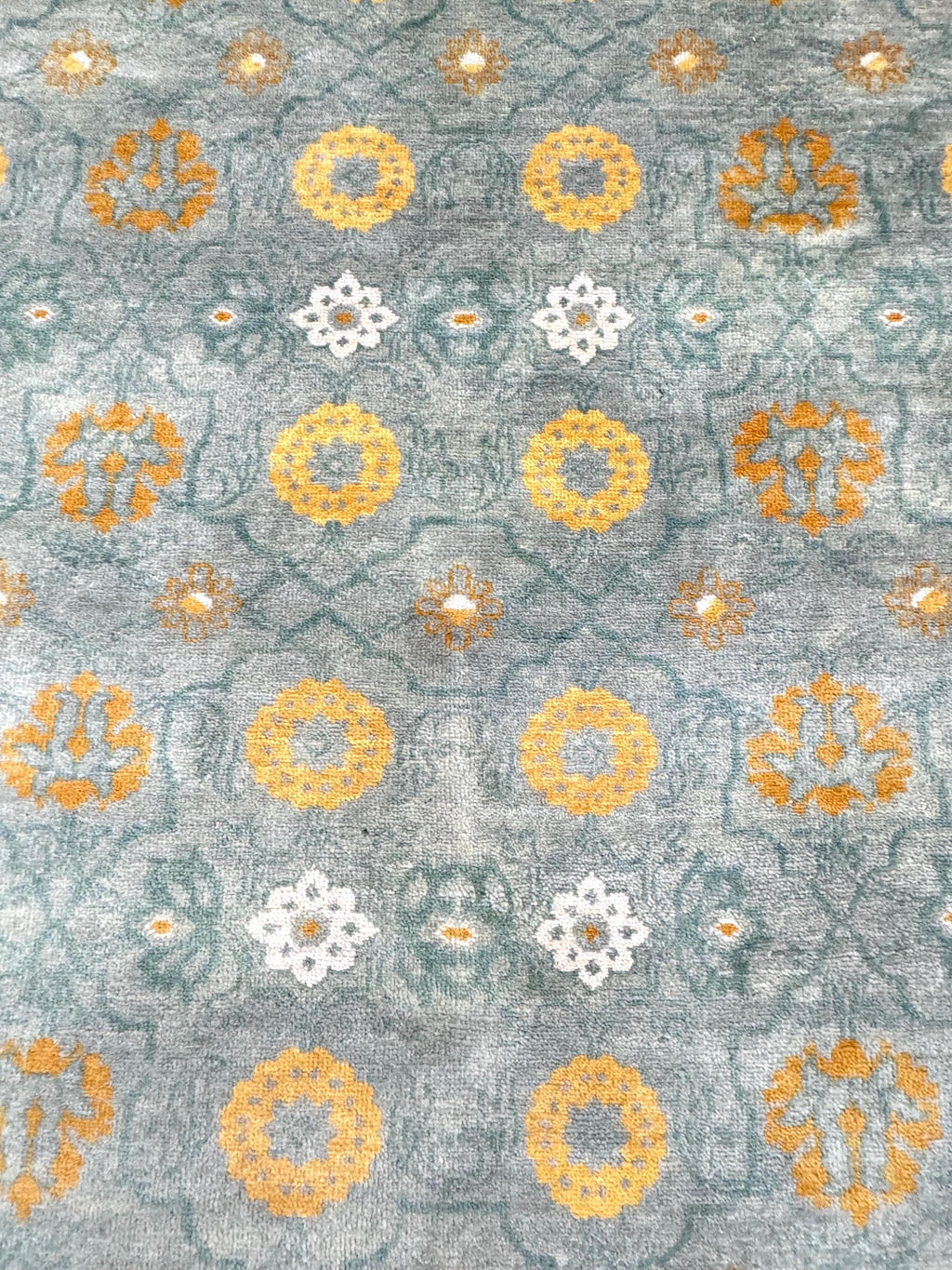 Hand Knotted 6x9 Transitional Area Rug | Sage Green, Mustard Gold, & Ivory Floral Wool Carpet
