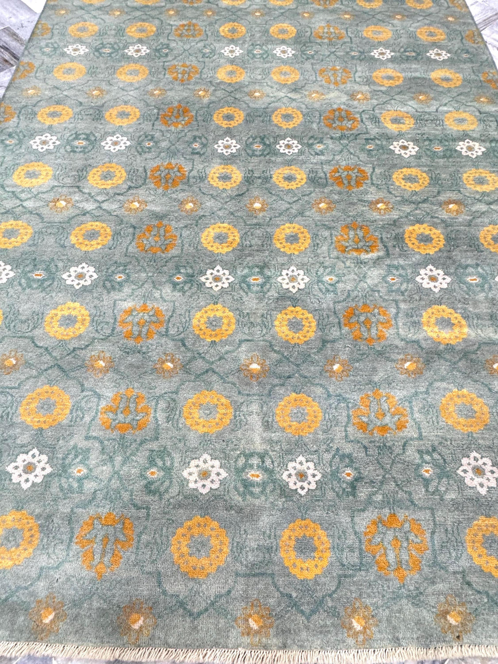 Hand Knotted 6x9 Transitional Area Rug | Sage Green, Mustard Gold, & Ivory Floral Wool Carpet