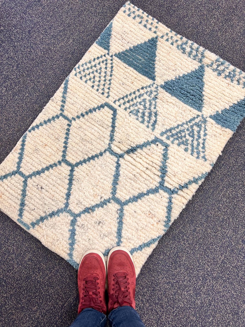 2x3 Hand-Knotted Moroccan Accent Rug 2x3 Natural Ivory & Blue Geometric Wool Rug Small Area Rug, bedside rug, doormat, under chair rug