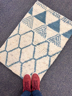 2x3 Hand-Knotted Moroccan Accent Rug 2x3 Natural Ivory & Blue Geometric Wool Rug Small Area Rug, bedside rug, doormat, under chair rug