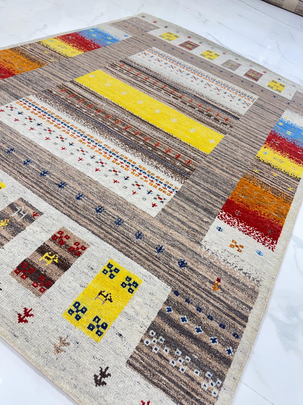 6x8 ft Eclectic Gabbeh Rug, Hand-Knotted Wool Tribal Colorful Striped Modern Carpet