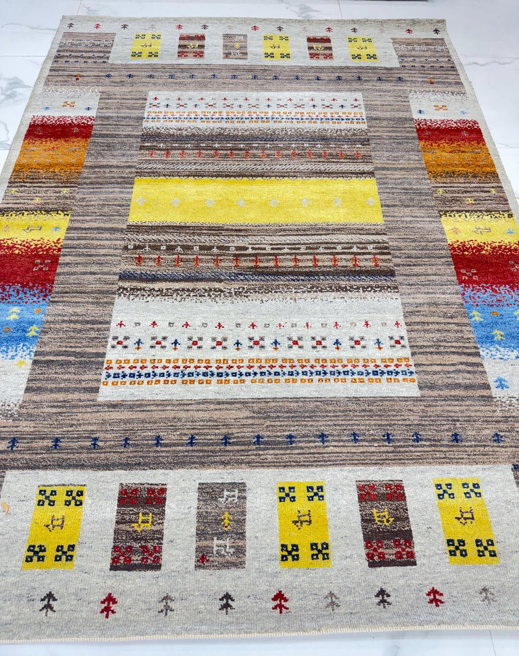 6x8 ft Eclectic Gabbeh Rug, Hand-Knotted Wool Tribal Colorful Striped Modern Carpet