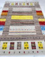 6x8 ft Eclectic Gabbeh Rug, Hand-Knotted Wool Tribal Colorful Striped Modern Carpet