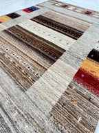 6x8 ft Neutral Gabbeh Rug, Hand-Knotted Wool Tribal Striped Carpet