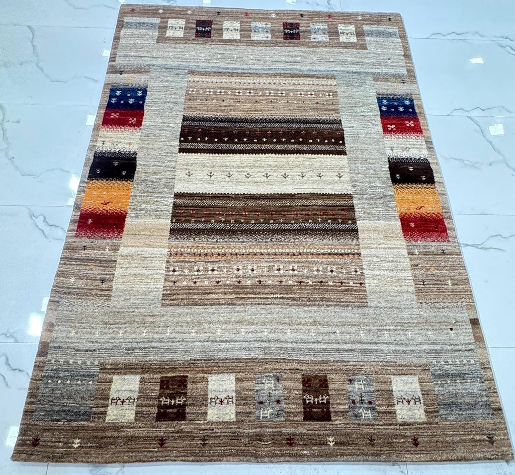 6x8 ft Neutral Gabbeh Rug, Hand-Knotted Wool Tribal Striped Carpet