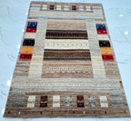 6x8 ft Neutral Gabbeh Rug, Hand-Knotted Wool Tribal Striped Carpet