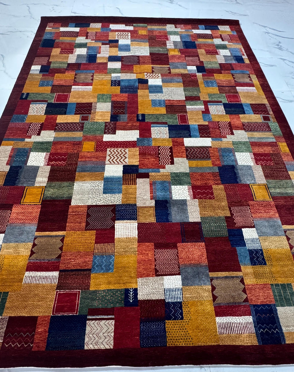 8x10 ft Hand-Knotted Vibrant Multi-Color Deep red Wool Gabbeh Rug