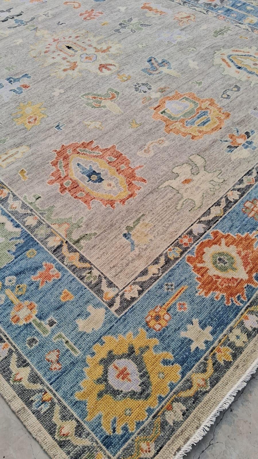 Hand-Knotted Oushak Wool Rug - Muted Blue & Terracotta Modern Transitional Design