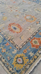 Hand-Knotted Oushak Wool Rug - Muted Blue & Terracotta Modern Transitional Design