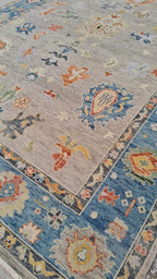 Hand-Knotted Oushak Wool Rug - Muted Blue & Terracotta Modern Transitional Design