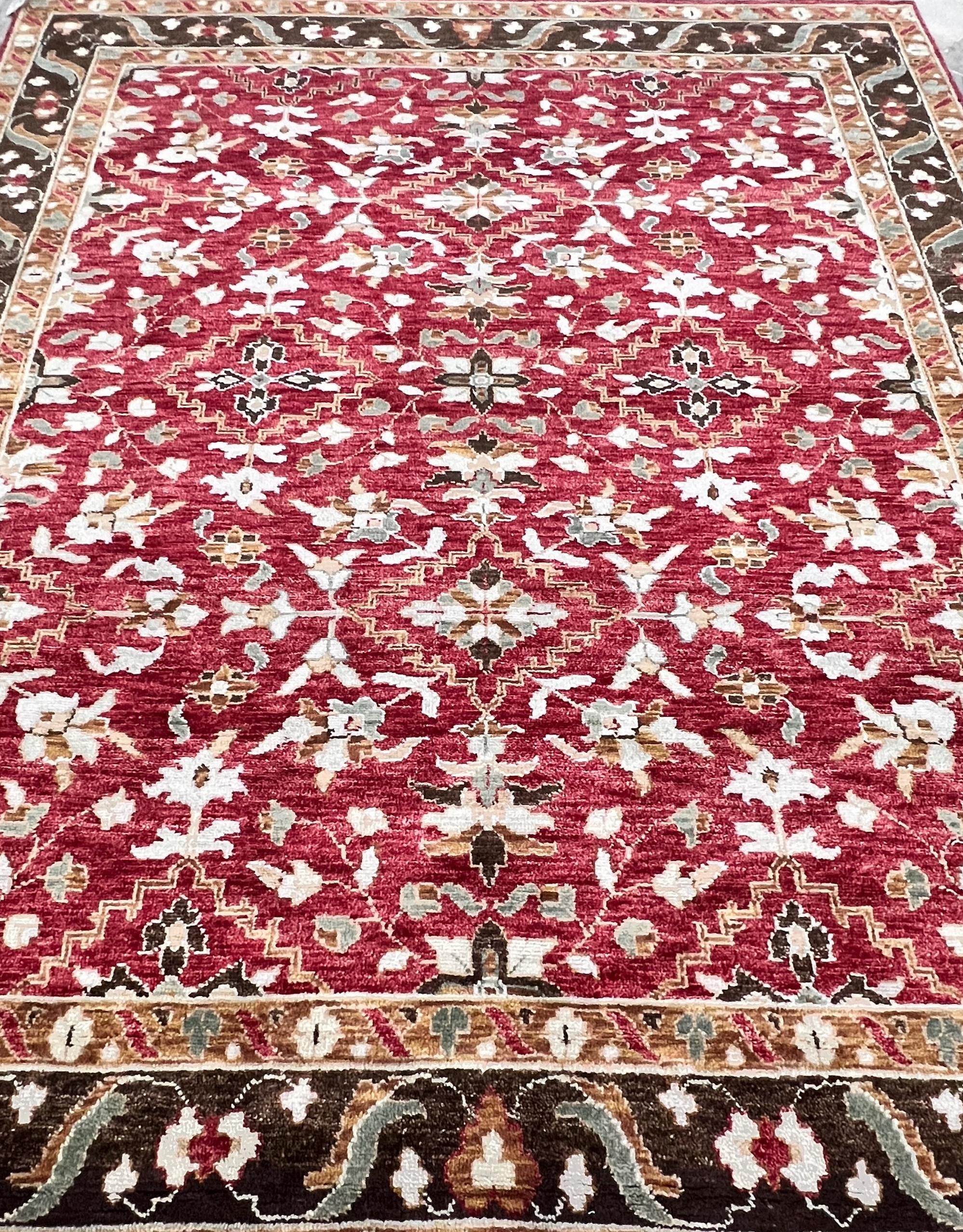 Luxury 8x 10 Red Hand-Knotted Rug, Traditional Floral Pattern Wool Area Carpet for Elegant living room dining room handmade gift