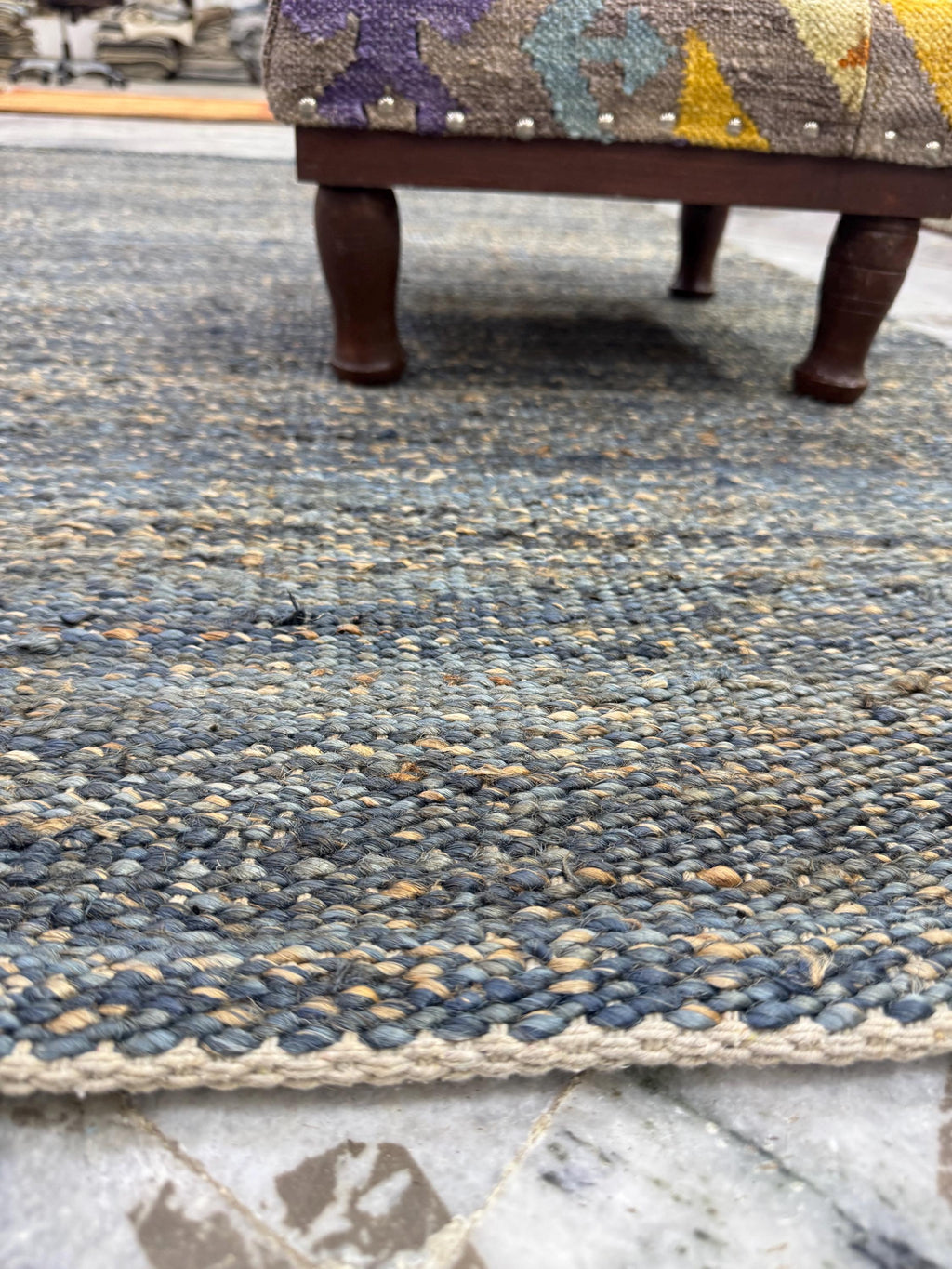 Handwoven Jute Rug 5.6x6.2 Blue Gray & Charcoal black Square Natural Fiber Rug