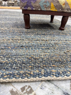 Handwoven Jute Rug 5.6x6.2 Blue Gray & Charcoal black Square Natural Fiber Rug