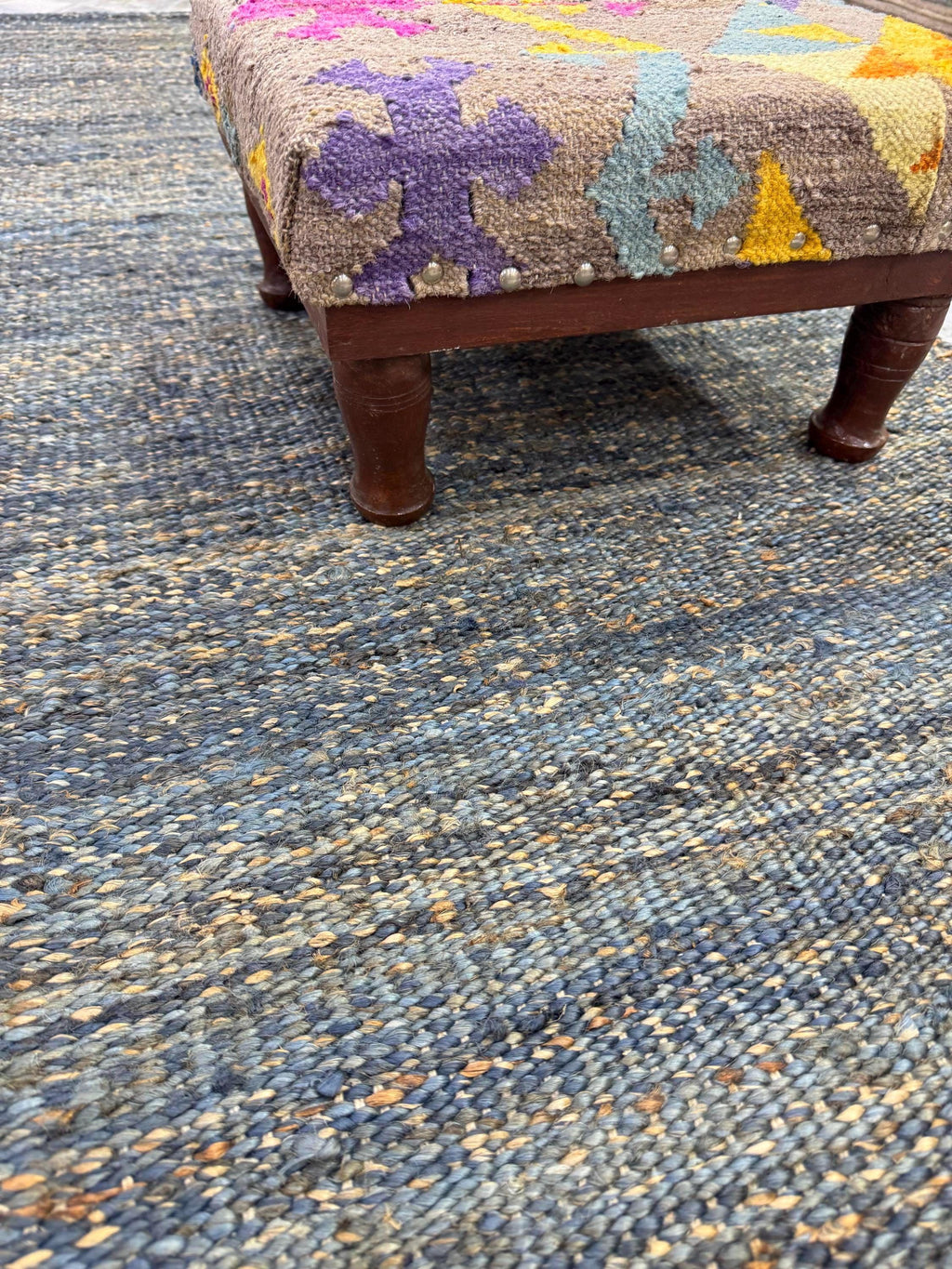 Handwoven Jute Rug 5.6x6.2 Blue Gray & Charcoal black Square Natural Fiber Rug