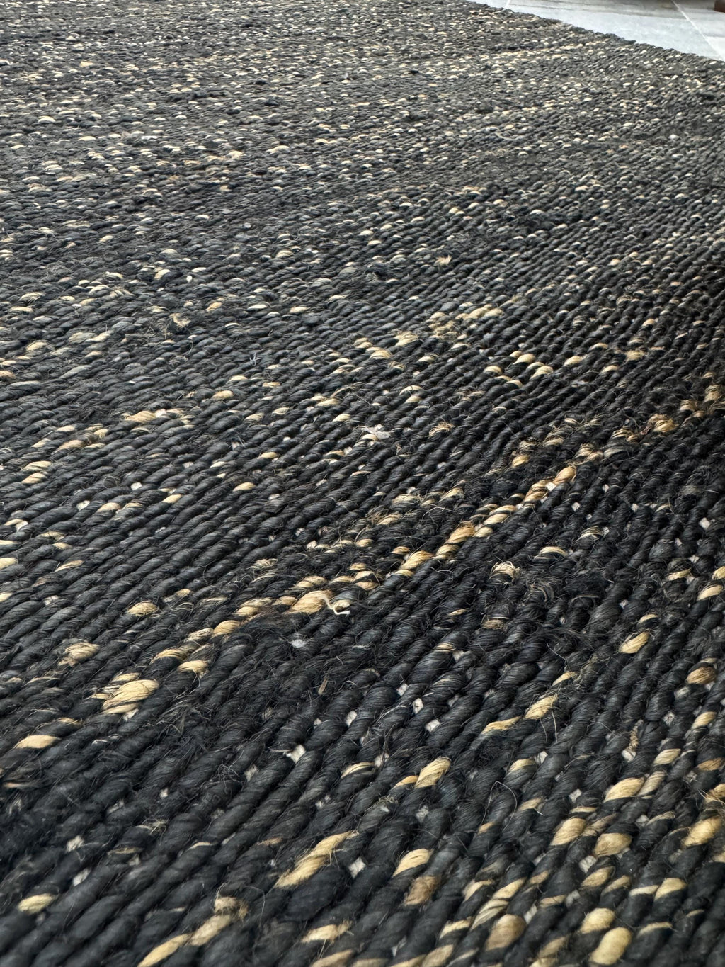 Handwoven Jute Rug 5.6x6.2 Blue Gray & Charcoal black Square Natural Fiber Rug