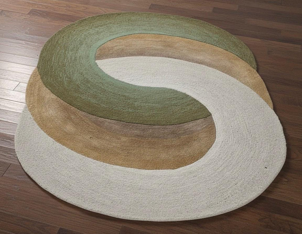 Organic Swirl Hand-Tufted Wool Area Rug – 5' x 7.8' Sage & Earth Tones