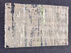 2x3 Hand-Knotted Low Pile Rug | Abstract Splatter Distressed Wool Doormat | Modern Gray Blue Lime Accent Area Rug | Oushak Style