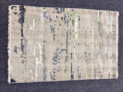 2x3 Hand-Knotted Low Pile Rug | Abstract Splatter Distressed Wool Doormat | Modern Gray Blue Lime Accent Area Rug | Oushak Style