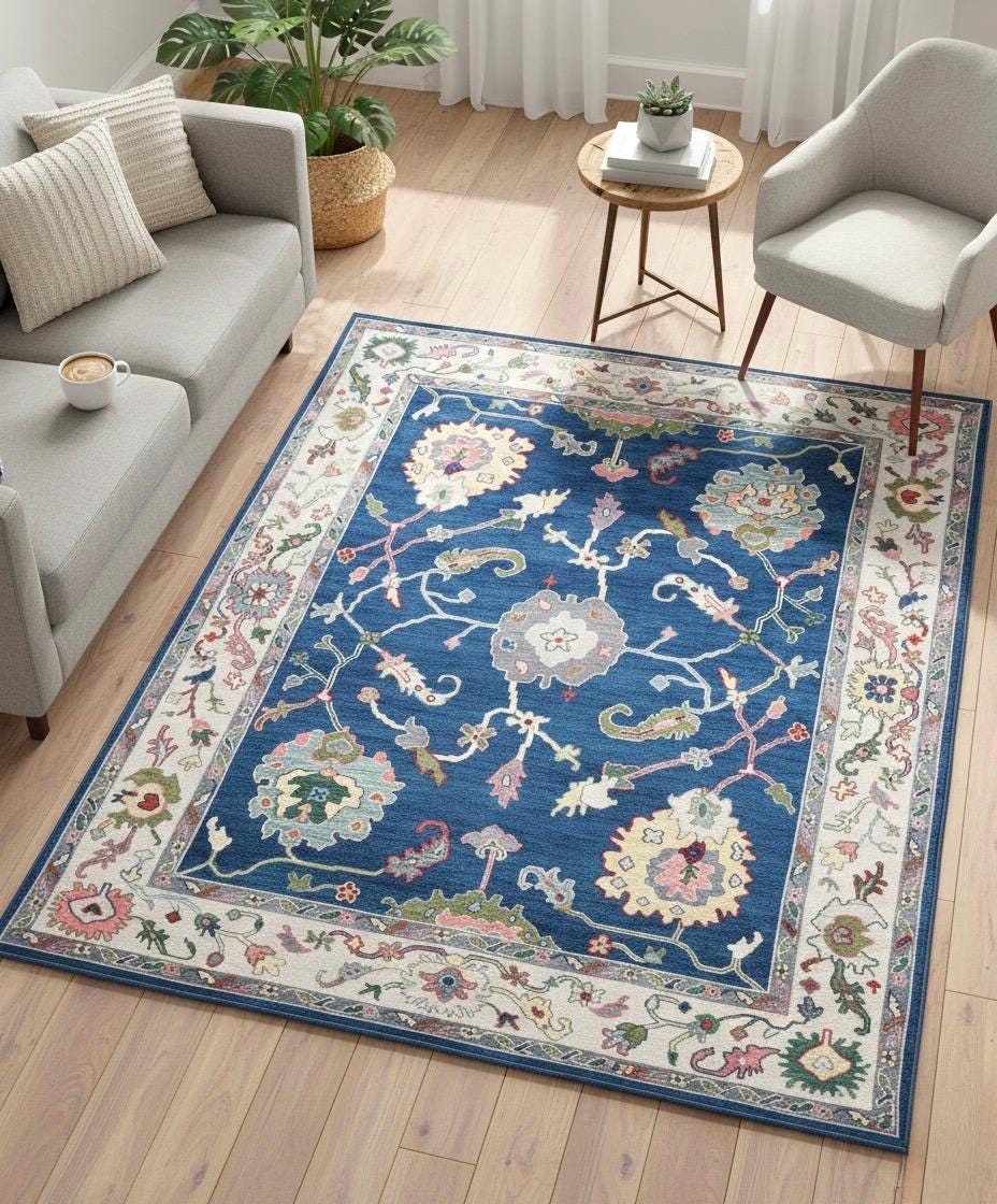 Hand-Knotted Indigo Blue Oushak Wool Rug - Modern Floral Turkish Design