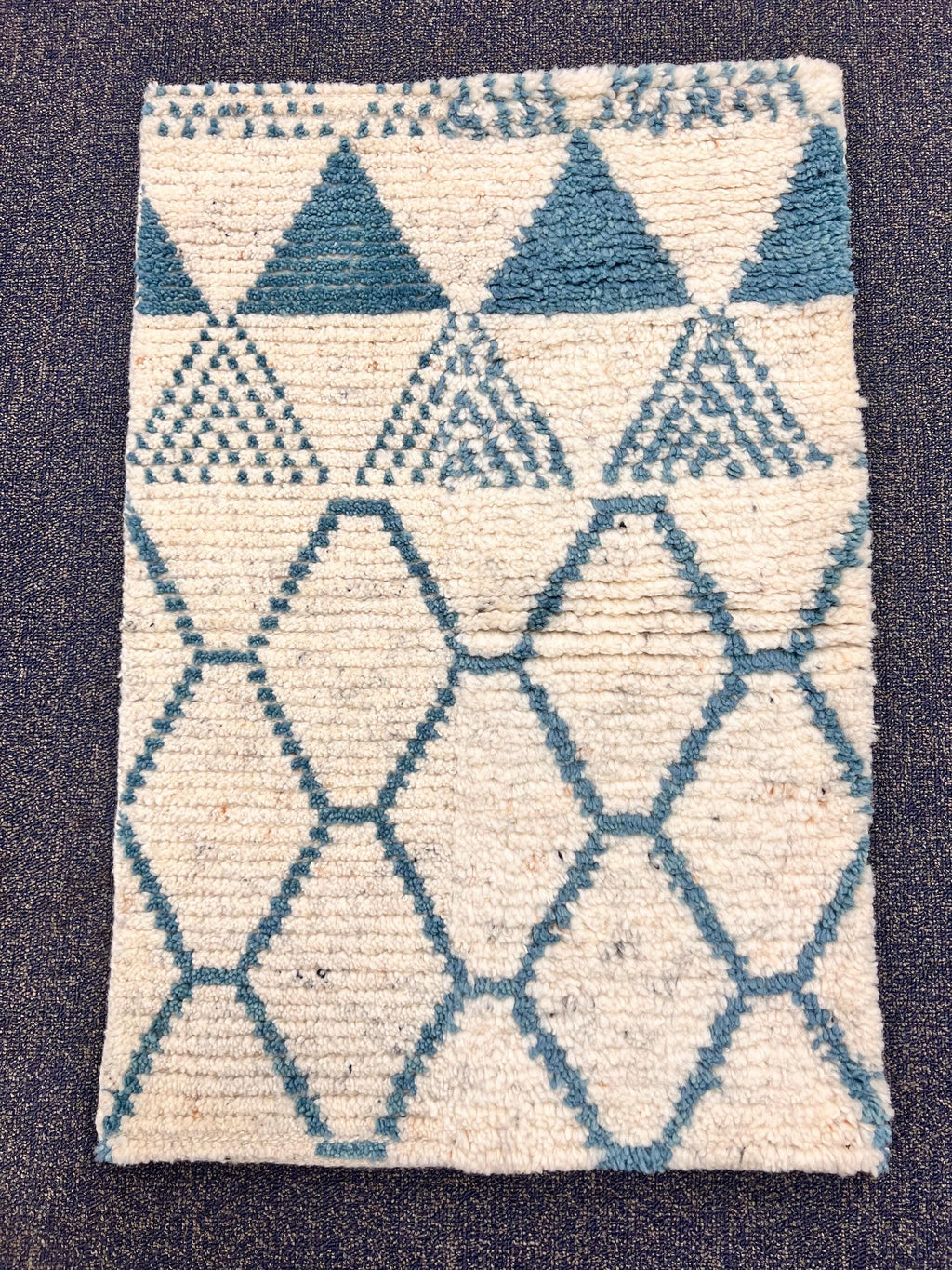 2x3 Hand-Knotted Moroccan Accent Rug 2x3 Natural Ivory & Blue Geometric Wool Rug Small Area Rug, bedside rug, doormat, under chair rug