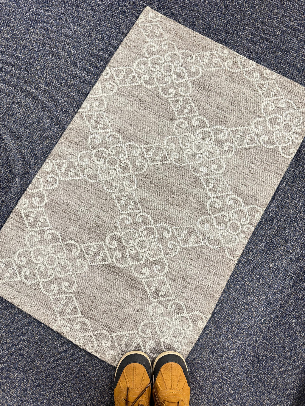 2x3 Flatweave Area Rug | Grey Ivory Ornamental Pattern Doormat | Handwoven Accent Mat | Entryway Kitchen Small Rug | Minimalist dootmat