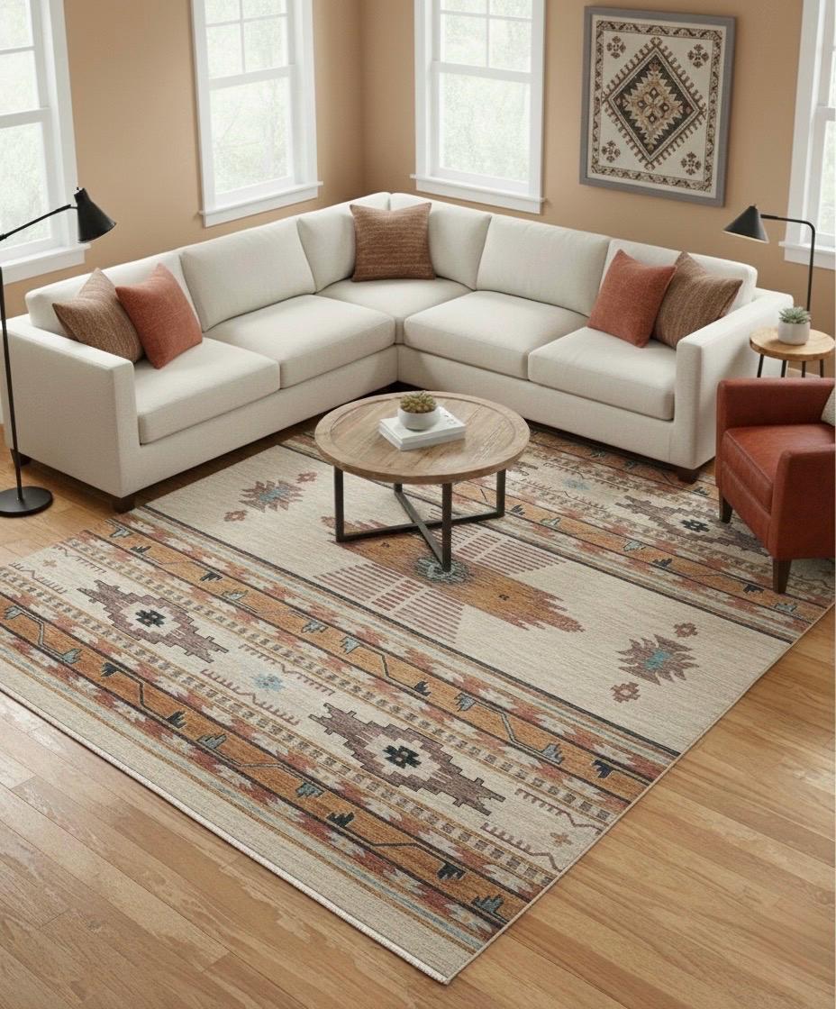 Hand-Knotted Beige & Indigo Wool handmade Area Rug, Southwestern/Navajo Design