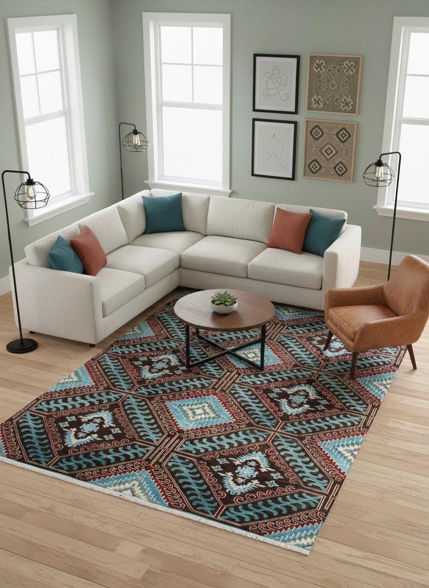6x9 ft & 8x10 ft Hand-Knotted Navajo Style Southwestern Wool Area Rug in Terracotta, Black & Indigo