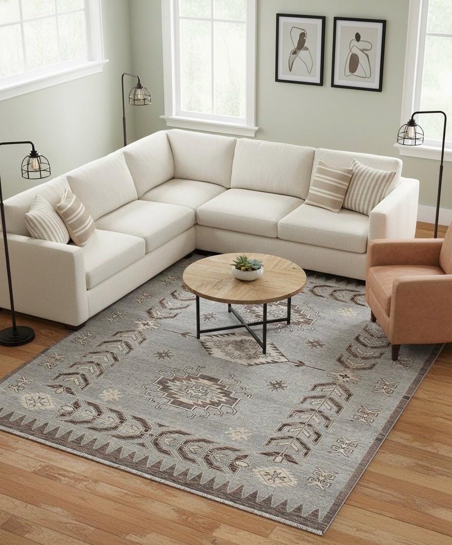 9x12 ft Hand-Knotted Teal & Rust Diamond Trellis Wool Rug