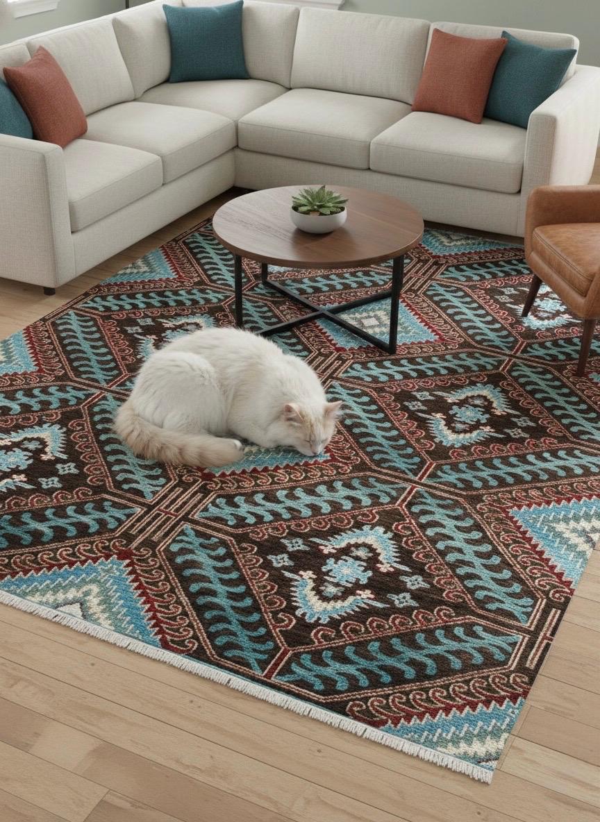 6x9 ft & 8x10 ft Hand-Knotted Navajo Style Southwestern Wool Area Rug in Terracotta, Black & Indigo