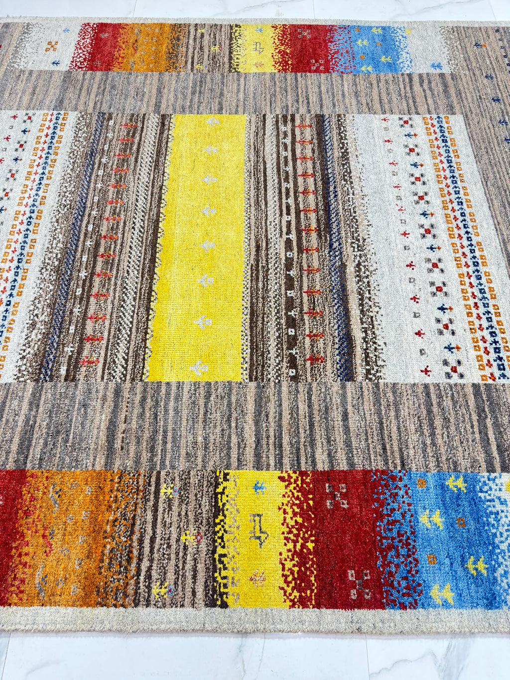 6x8 ft Eclectic Gabbeh Rug, Hand-Knotted Wool Tribal Colorful Striped Modern Carpet