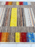 6x8 ft Eclectic Gabbeh Rug, Hand-Knotted Wool Tribal Colorful Striped Modern Carpet