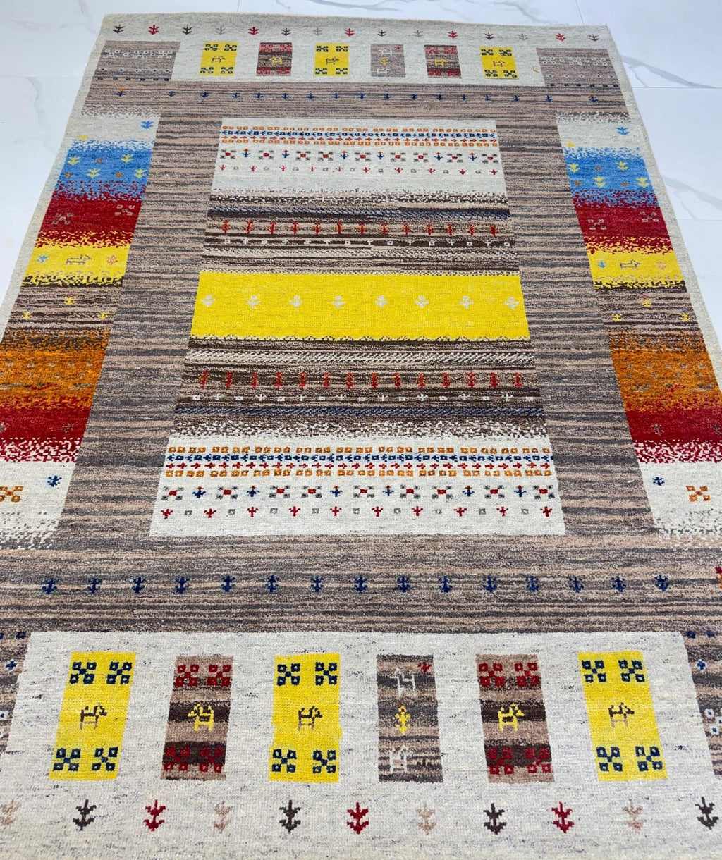 6x8 ft Eclectic Gabbeh Rug, Hand-Knotted Wool Tribal Colorful Striped Modern Carpet