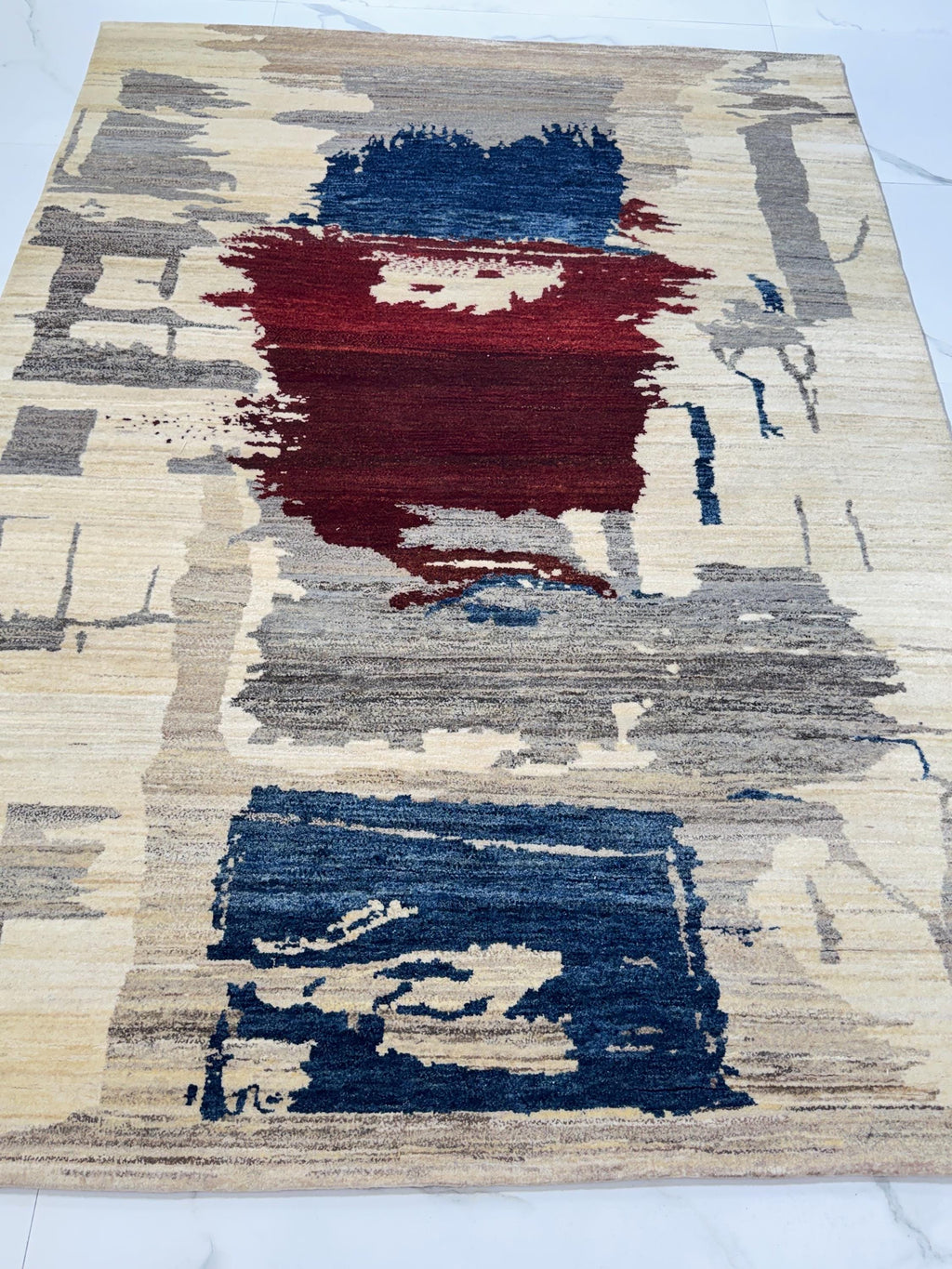 6 x 8 Abstract Gabbeh Rug, Hand-Knotted Wool, Cream Navy Burgundy Art Rug
