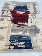6 x 8 Abstract Gabbeh Rug, Hand-Knotted Wool, Cream Navy Burgundy Art Rug