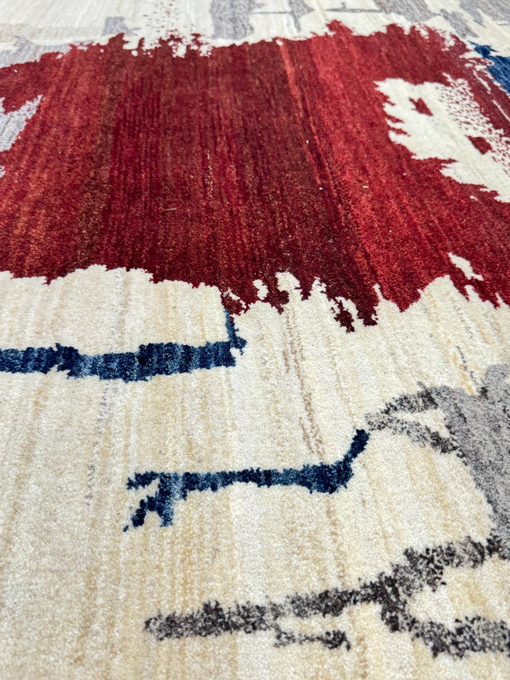 6 x 8 Abstract Gabbeh Rug, Hand-Knotted Wool, Cream Navy Burgundy Art Rug