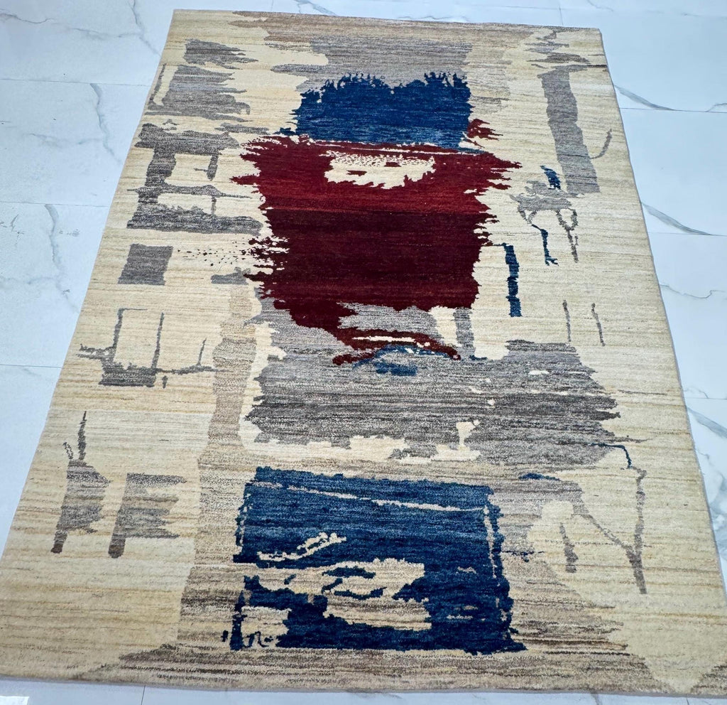 6 x 8 Abstract Gabbeh Rug, Hand-Knotted Wool, Cream Navy Burgundy Art Rug