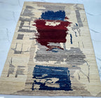 6 x 8 Abstract Gabbeh Rug, Hand-Knotted Wool, Cream Navy Burgundy Art Rug