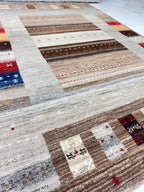 6x8 ft Neutral Gabbeh Rug, Hand-Knotted Wool Tribal Striped Carpet