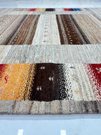 6x8 ft Neutral Gabbeh Rug, Hand-Knotted Wool Tribal Striped Carpet