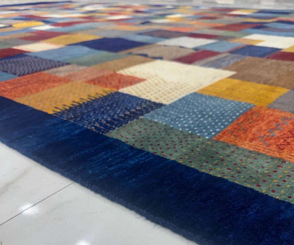 8x10 ft Hand-Knotted Vibrant Multi-Color Navy Blue Wool Gabbeh Rug