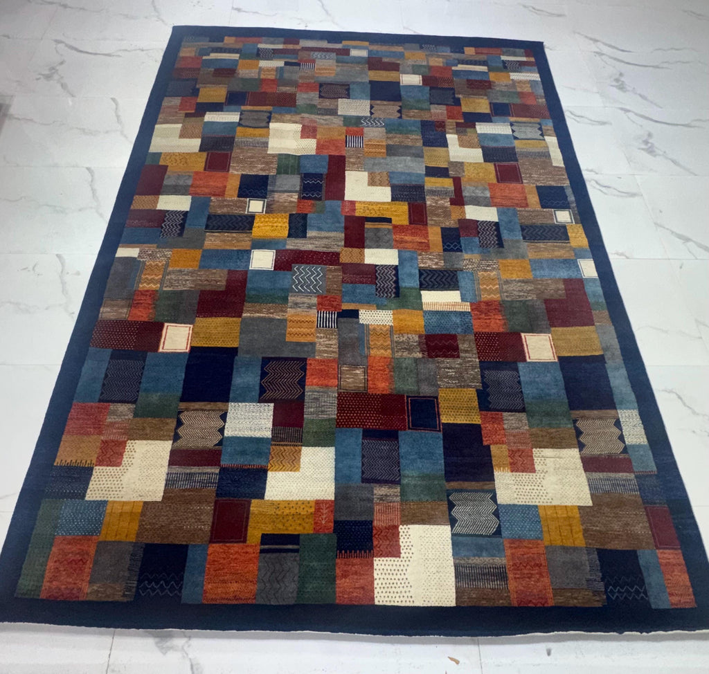 8x10 ft Hand-Knotted Vibrant Multi-Color Navy Blue Wool Gabbeh Rug