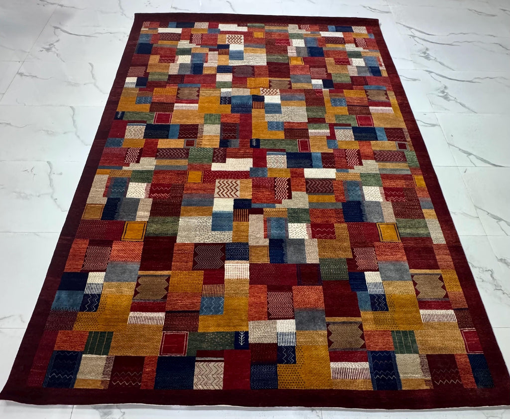 8x10 ft Hand-Knotted Vibrant Multi-Color Deep red Wool Gabbeh Rug
