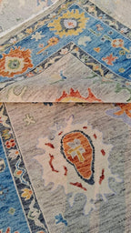 Hand-Knotted Oushak Wool Rug - Muted Blue & Terracotta Modern Transitional Design