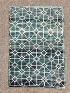 2’x3’Hand Knotted Teal Rug, Wool and Silk Small Area Rug, Modern Geometric Entryway Decor, Handmade Heirloom Rug| Contemporary Accent Rug