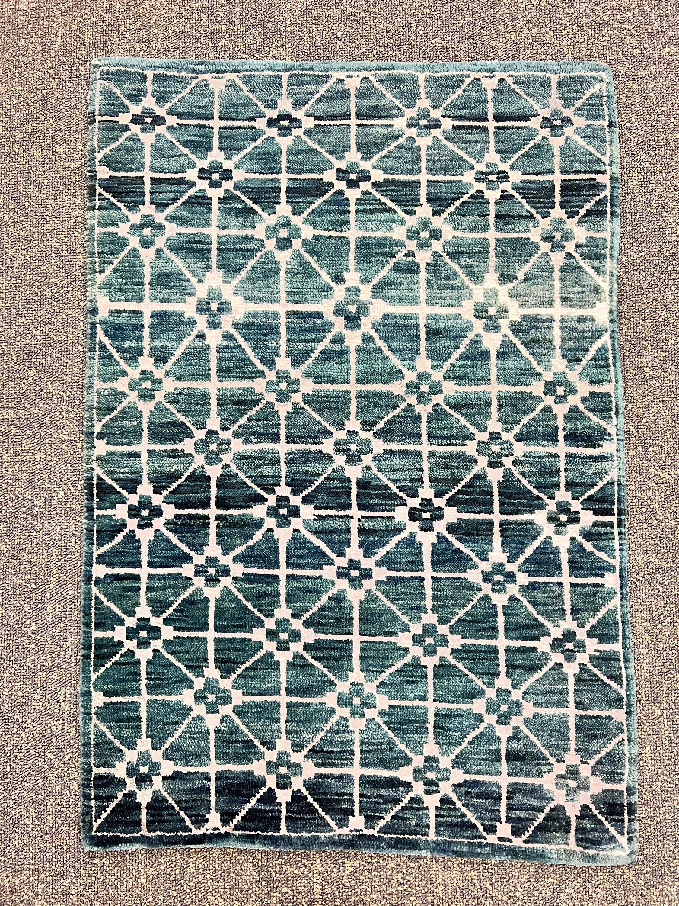 2’x3’Hand Knotted Teal Rug, Wool and Silk Small Area Rug, Modern Geometric Entryway Decor, Handmade Heirloom Rug| Contemporary Accent Rug