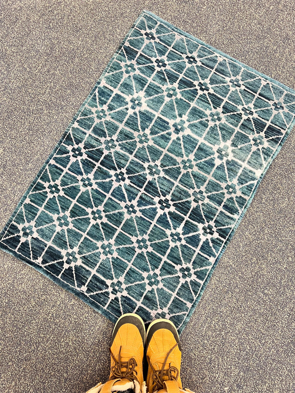 2’x3’Hand Knotted Teal Rug, Wool and Silk Small Area Rug, Modern Geometric Entryway Decor, Handmade Heirloom Rug| Contemporary Accent Rug